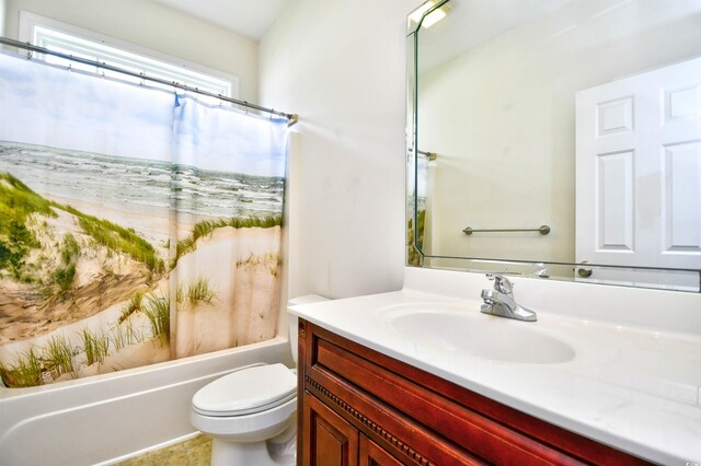 full bathroom with vanity, toilet, tile patterned flooring, and shower / bathtub combination with curtain