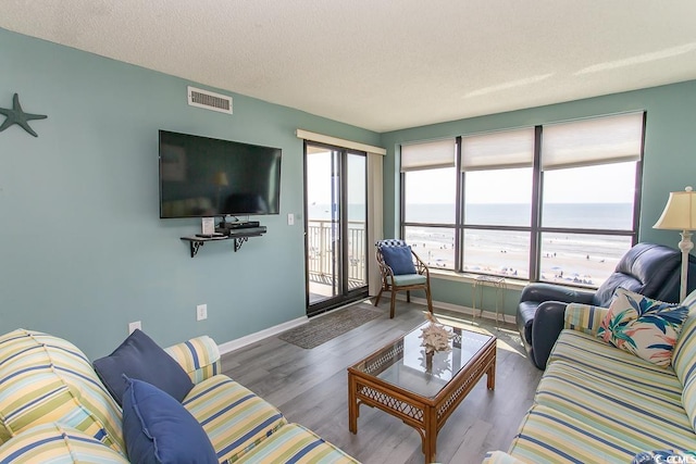 living room with a textured ceiling and hardwood / wood-style flooring