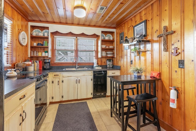 kitchen featuring electric stove, cream cabinetry, wood walls, and sink