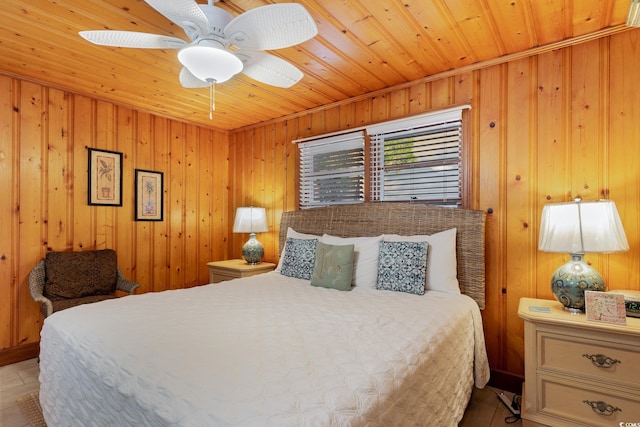 bedroom with ceiling fan, wooden walls, and wooden ceiling