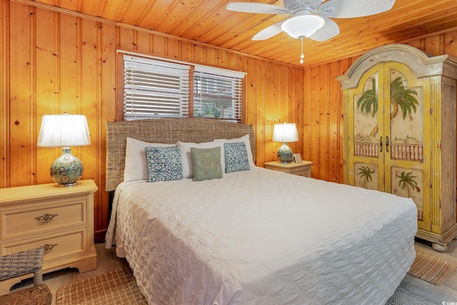 bedroom featuring wood ceiling, wood walls, and ceiling fan