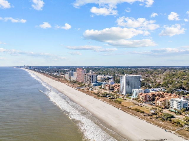 drone / aerial view with a water view, a view of city, and a beach view