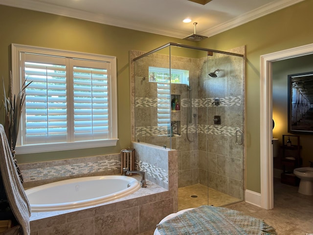 bathroom featuring ornamental molding, independent shower and bath, tile patterned floors, and toilet