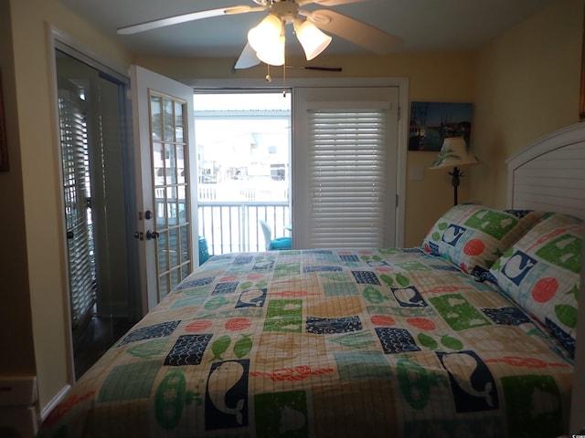 bedroom with ceiling fan and french doors