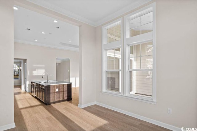 interior space with an island with sink, sink, ornamental molding, and light hardwood / wood-style flooring