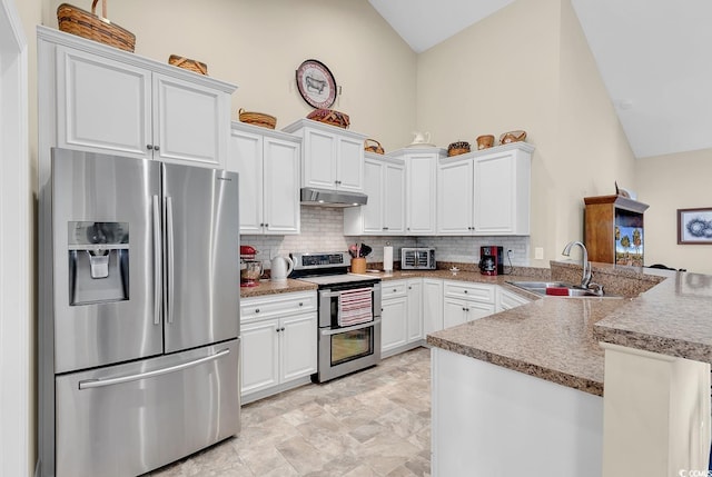 kitchen with white cabinets, a sink, appliances with stainless steel finishes, a peninsula, and under cabinet range hood
