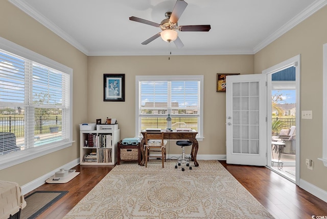 office with dark wood finished floors, ceiling fan, and a healthy amount of sunlight