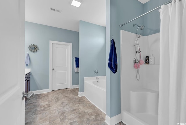 full bath featuring visible vents, a bath, baseboards, curtained shower, and vanity