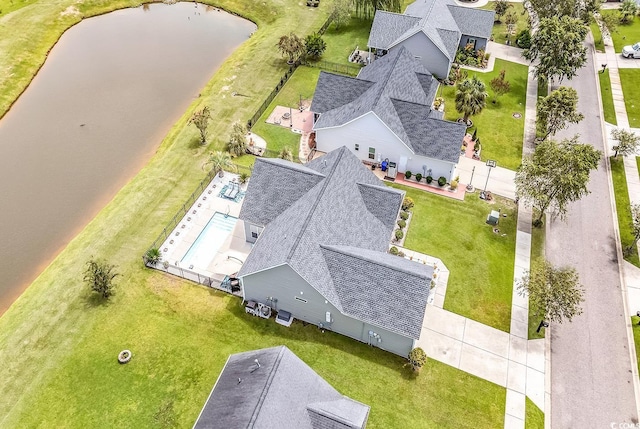 drone / aerial view featuring a water view