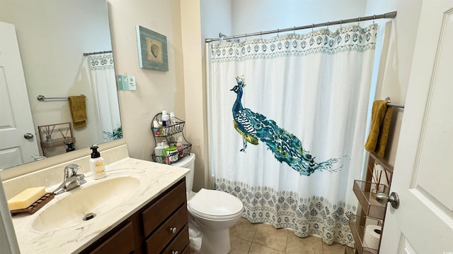 bathroom featuring tile patterned flooring, vanity, toilet, and a shower with shower curtain