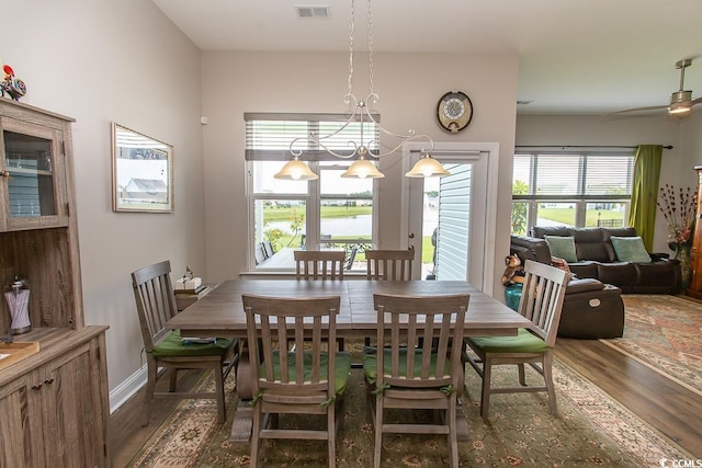 dining room with ceiling fan with notable chandelier, a wealth of natural light, and dark wood-type flooring