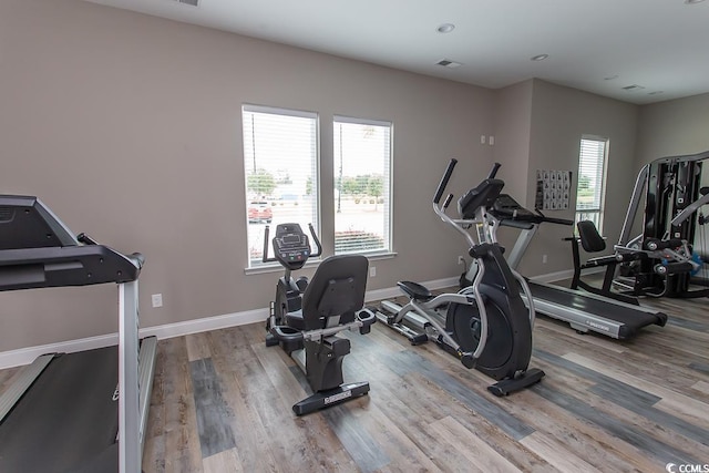 workout area featuring a wealth of natural light and hardwood / wood-style flooring