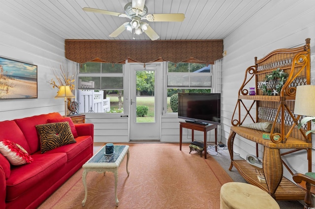 living room with ceiling fan and wooden ceiling