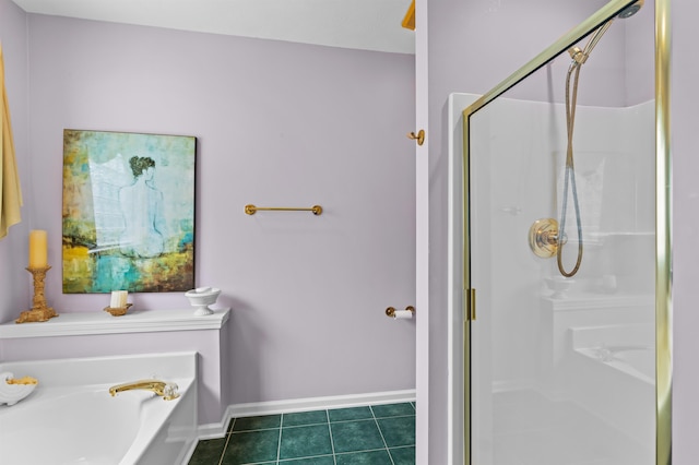 bathroom featuring independent shower and bath and tile patterned floors