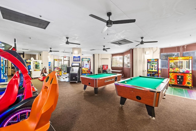 game room with billiards, carpet floors, and ceiling fan