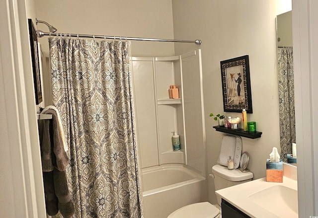 full bathroom featuring toilet, vanity, and shower / bathtub combination with curtain