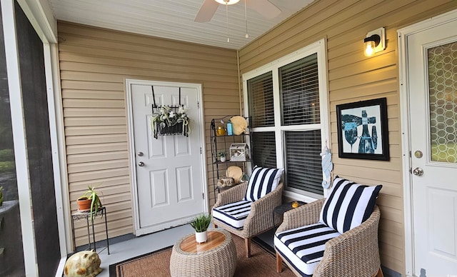 exterior space featuring ceiling fan and a porch