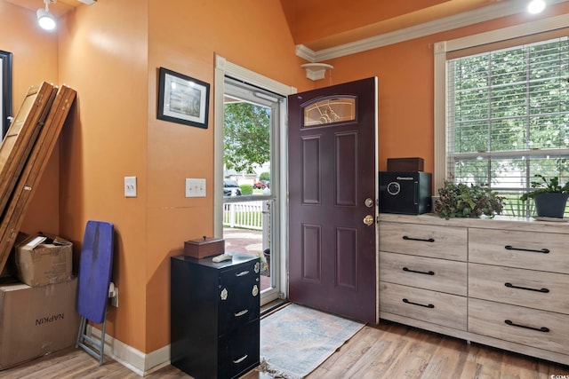 foyer featuring ornamental molding, light hardwood / wood-style floors, and plenty of natural light