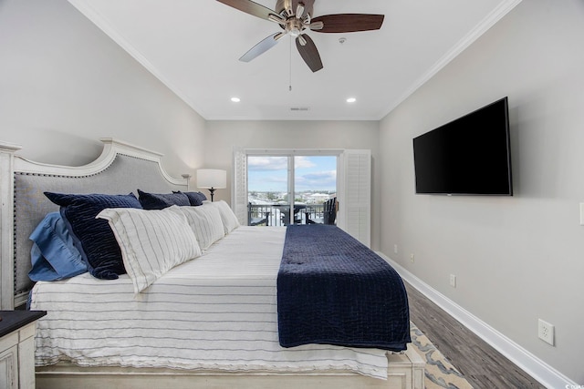 bedroom with ceiling fan, ornamental molding, access to outside, and wood-type flooring