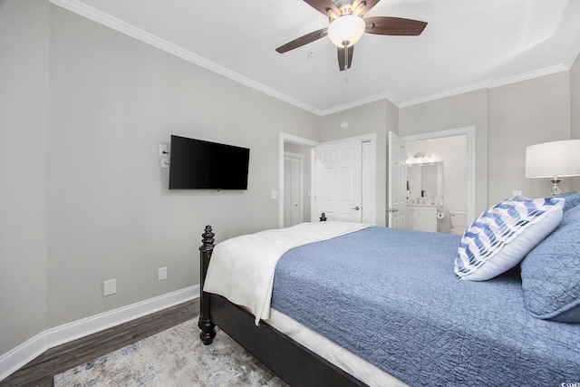 bedroom with ceiling fan, ornamental molding, hardwood / wood-style flooring, and ensuite bath