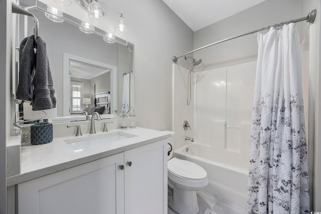 full bathroom with shower / bath combination with curtain, toilet, tile patterned floors, and vanity