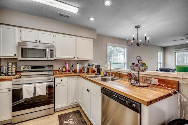 kitchen with white cabinets, appliances with stainless steel finishes, kitchen peninsula, and sink