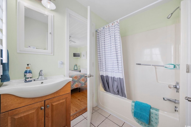 bathroom featuring vanity, tile patterned floors, and shower / bathtub combination with curtain