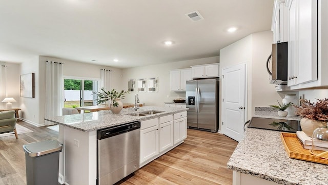 kitchen featuring appliances with stainless steel finishes, a center island with sink, sink, and white cabinets