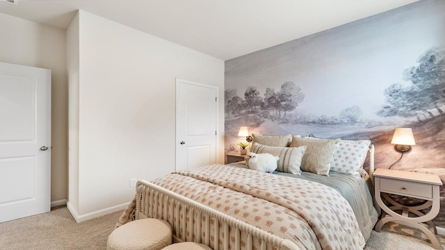 bedroom featuring light colored carpet