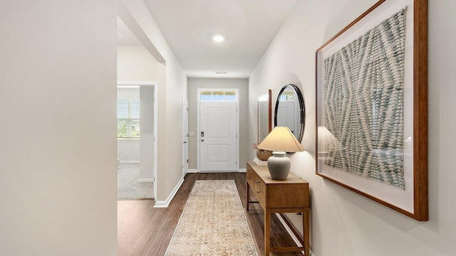 interior space with dark hardwood / wood-style floors