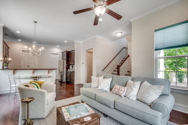 1348 Peterson St, Myrtle Beach, SC 29577 - living area with a chandelier, stairway, ceiling fan, ornamental molding, and dark wood-style flooring