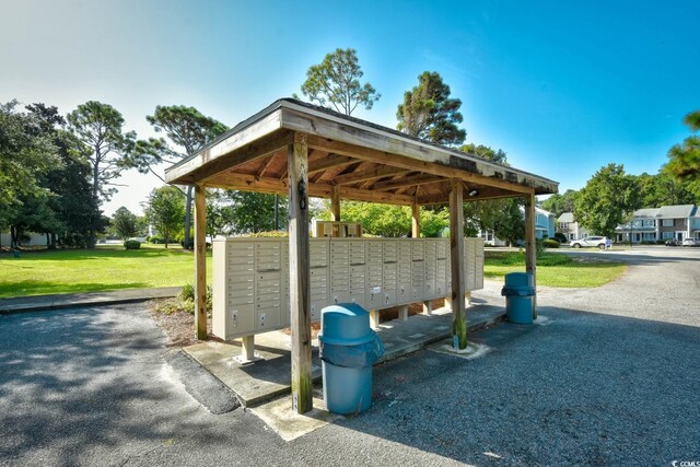 surrounding community featuring mail boxes and a lawn