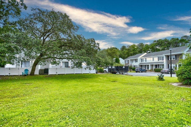 view of yard featuring fence and a residential view