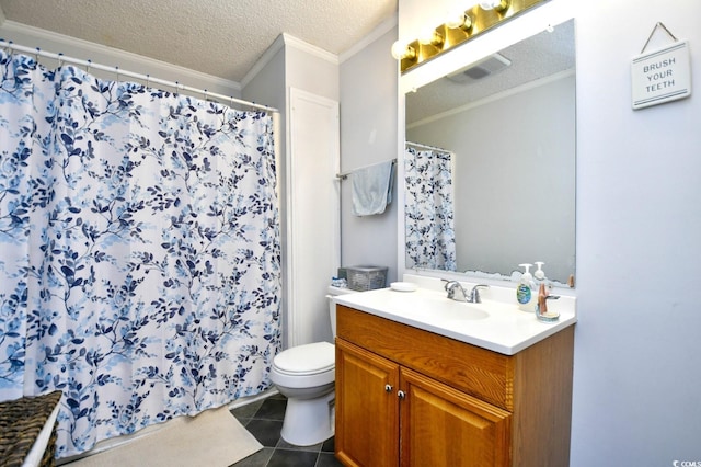 bathroom featuring vanity, tile patterned flooring, crown molding, a textured ceiling, and toilet