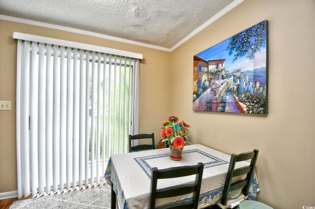 dining space featuring a wealth of natural light, ornamental molding, and a textured ceiling