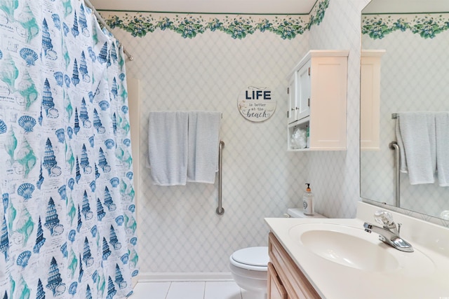 bathroom featuring vanity, toilet, curtained shower, and tile patterned floors