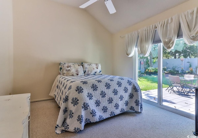 bedroom featuring lofted ceiling, carpet, ceiling fan, and access to outside