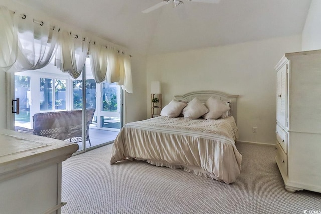 carpeted bedroom with lofted ceiling, access to exterior, and ceiling fan