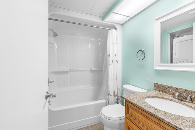 full bathroom with toilet, vanity, hardwood / wood-style floors, and shower / bathtub combination with curtain