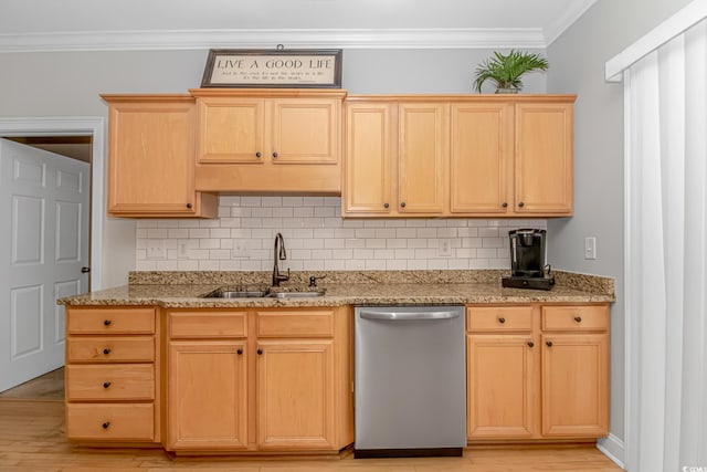 kitchen with dishwasher, light brown cabinetry, light stone counters, sink, and light hardwood / wood-style floors