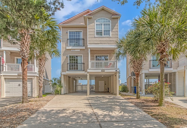 raised beach house featuring a carport