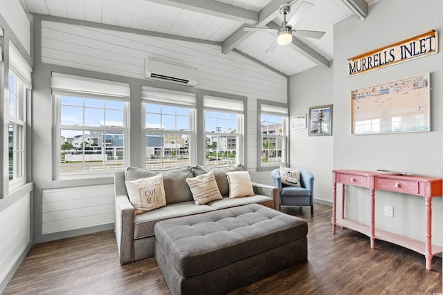 sunroom featuring lofted ceiling with beams, a wall mounted AC, and ceiling fan