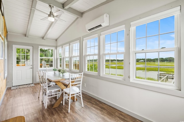 sunroom / solarium with vaulted ceiling with beams, a wall mounted air conditioner, wood ceiling, and ceiling fan