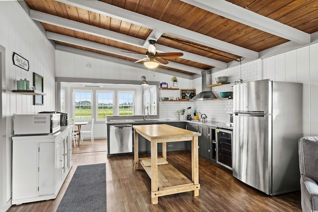 kitchen featuring wall chimney exhaust hood, sink, wood ceiling, dark hardwood / wood-style floors, and stainless steel appliances