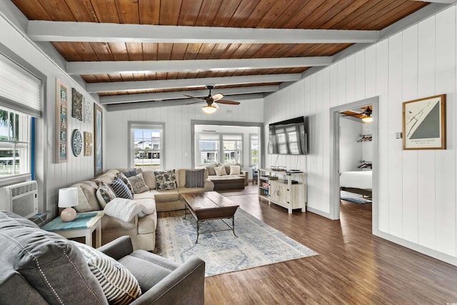 living room with ceiling fan, vaulted ceiling with beams, wooden ceiling, and dark hardwood / wood-style flooring