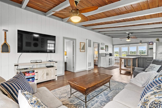 living room featuring beam ceiling, wood-type flooring, and wooden ceiling