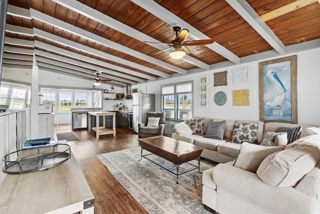 living room with dark wood-type flooring, ceiling fan, lofted ceiling with beams, and wooden ceiling