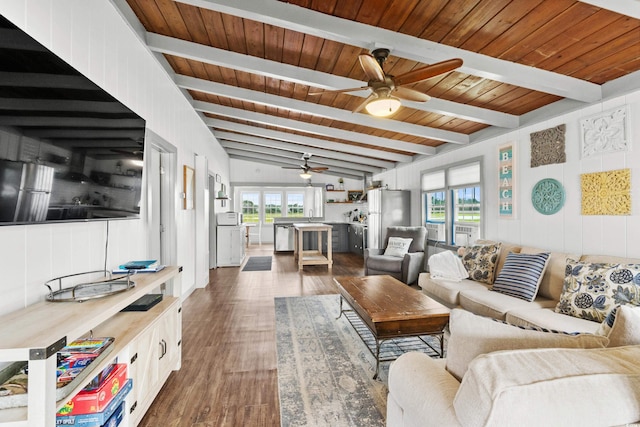 living room with vaulted ceiling with beams, a wealth of natural light, wooden ceiling, and dark hardwood / wood-style floors