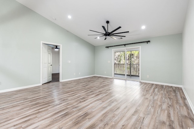 spare room with light wood-type flooring, ceiling fan, baseboards, and recessed lighting