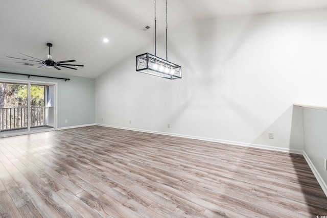 empty room featuring visible vents, baseboards, ceiling fan, light wood-type flooring, and recessed lighting